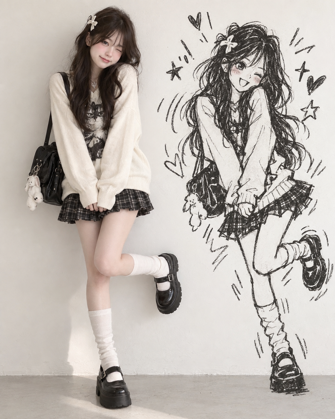 Real Person + Wall Graffiti Twin Full-body Portrait