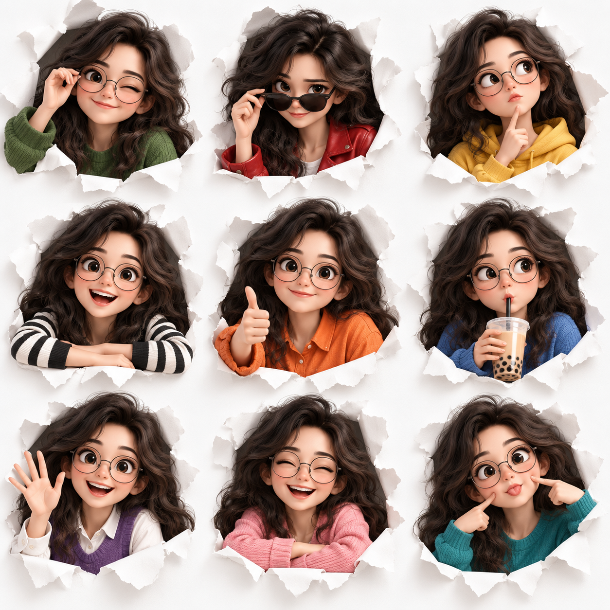 Character 3×3 Torn-Paper Expression Grid (3D Cinematic)